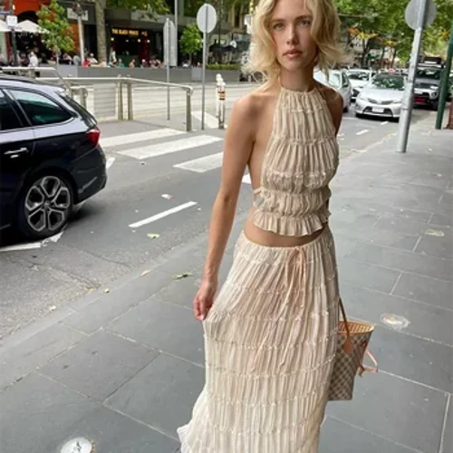 Set Sgert Hir Ffasiwn Merched Sexy Llewys Di-gefn Cropped Halter Top Sgert Waist Uchel 2 Darn Setiau Lady Chic Beach Dresses
