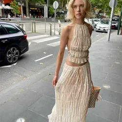 Sciorta Fada Faisean Set mBan Sexy sleeveless Backless Cropped Halter Barr Ard-Wist Sciorta 2 Phíosa Leagann Gúnaí Lady Chic Trá
