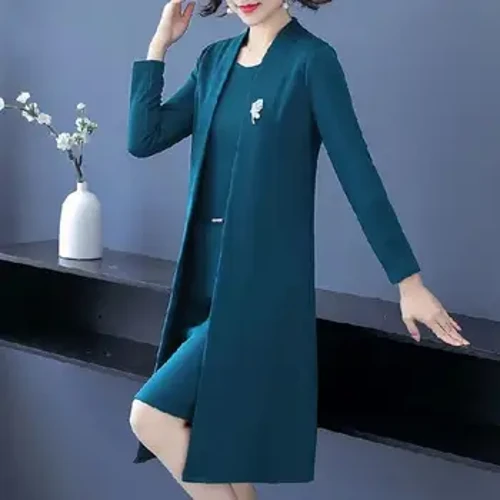 Setelan Jas Wanita Elegan Mantel Panjang Set Gaun Setengah Umur Wanita Setelan Formal Set Kardigan Panjang O Leher Tanpa Lengan Kit Gaun