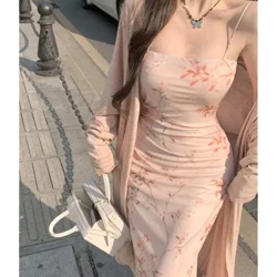Abbigliamento da donna Avvolgimento sul petto Fiori frammentati Senza maniche Abito a tracolla di media lunghezza Cappotto con protezione solare a maniche lunghe francese Set superiore