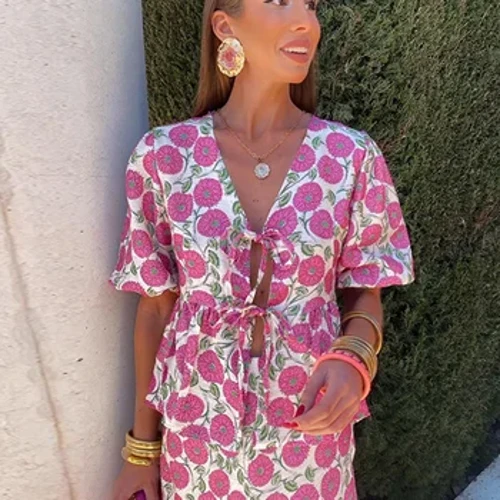 Elegant gül çap etmek Uzyn yubka toplumy Aýallar moda ýaýly galstuk köýnek Bel bel yubkalar 2 bölek 2024 tomus dynç alyş yubkasy eşigi