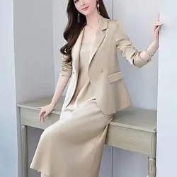 2 adet/takım kadın kıyafeti işe gidip gelme Trendy rahat orta uzunlukta hafif lüks Streetweet Sling bahar ceket elbise bahar giyim