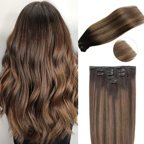 Clip in người mở rộng tóc người thẳng tự nhiên màu nâu nâu mật ong ombre balayage tóc đen cho phụ nữ clip-in full head