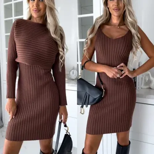 Musim Gugur Musim Dingin Wanita Solid 2 Sepotong Set Gaun Fashion Elegan Lengan Panjang Wanita Pullovers + Gaun Setelan Kasual Liburan Pakaian 2023