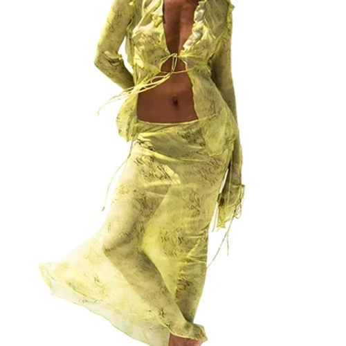 Y2k Sheer Mesh Fairy Grunge Tie Up Flæser V-hals Strandkjoler til kvinder Æstetisk kvast 2-delt nederdelsæt Sommer tynd Matchende
