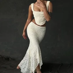 Gtpdpllt Elegante pizzo a due pezzi Set da donna Gonna lunga irregolare e corsetto Top Abito aderente in stile francese Set coordinati