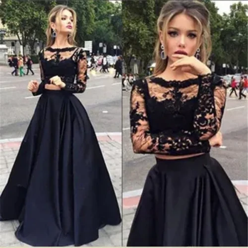 2 pièces ensemble élégant formel noir jupe longue Sexy femmes bal longue robe soirée couverture en dentelle longue Maxi robe de bal jupe chaude