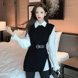 Set da donna coreano a due pezzi Colletto rovesciato Camicie a maniche lunghe Gilet lavorato a maglia Abiti Set Cintura di giunzione casual Autunno 2023