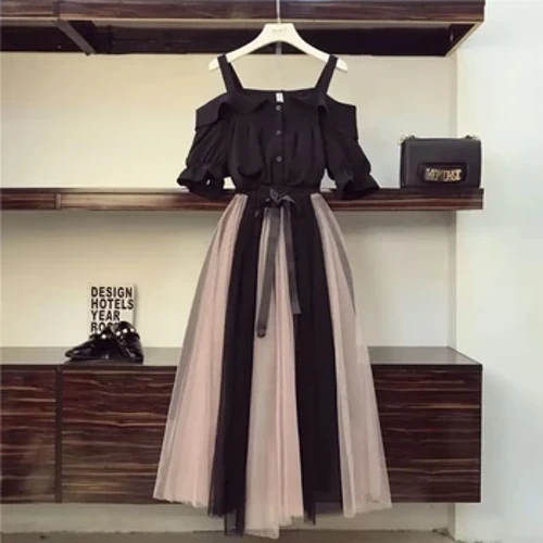 Ruffled Sleeveless Shirt Blouses Striped Vintage Elastic High Waist Lace Up Pambabaeng Skirt Dress Set Two Piece Set Spring 2024