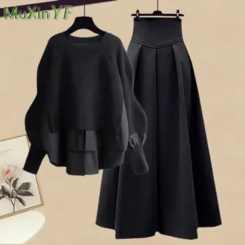 2023 Herbst/Winter Neue koreanische elegante Splice Fake Zweiteiler Strickpullover Kleid passendes Set Damen schickes Pullover-Rock-Set