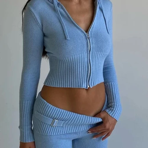 Solid Rajutan 2 Sepotong Set Wanita Pakaian Latihan Yg Hangat Lengan Panjang Ritsleting Berkerudung Sweater Jaket Crop Top Flare Celana Elastis Cocok dengan Jas