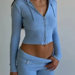 Kiinteät neulotut 2-osaiset sarjat naisten verryttelypuku pitkähihainen vetoketjullinen villapaita takit Crop Top Flare Pants joustava yhteensopiva puku