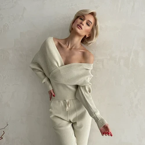 Seksi Off Bahu Rajutan Dua Sepotong Set Wanita Lengan Panjang Olahraga Pakaian Latihan Yg Hangat 2 Buah Sweater Celana Setelan Set Cocok untuk Wanita