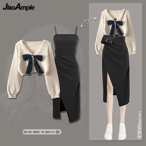 Nữ Thu Xuân Mới Áo Len Dệt Kim Hai Mảnh Hàn Quốc 2024 Nơ Thanh Lịch Cardigan Dây Váy Kết Hợp Bộ Nữ Quần Áo