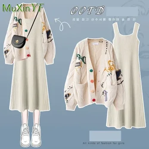 Nữ Thu Đông 2023 Thời Trang Mới Áo Len Dệt Kim Đầm Kết Hợp Bộ Hàn Quốc Thanh Lịch Cardigan Sling Váy Hai Mảnh Phù Hợp Với