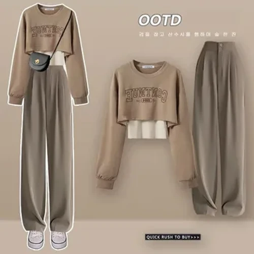 Pambabaeng Fashion Tracksuit Korean Elegant Spring Autumn Loose Short Sweater Matching Sets Pambabae Pekeng Dalawang pirasong Blouse na Pantalon Suit