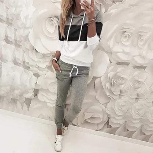INS Beliebte Damen Neue koreanische Ausgabe Farbblock-Nähte langärmeliges lässiges Pullover-Set