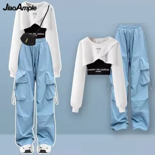 Damen Trainingsanzug Anzug 2023 Herbst Neue Mode Kurzer Pullover + Träger + Cargohose Dreiteilig Koreanisch elegant Passendes Set