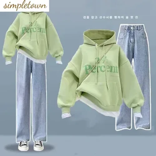 Primavera e outono conjunto feminino coreano solto ajuste duas peças impresso camisola com capuz + calças de perna larga conjunto de duas peças moda