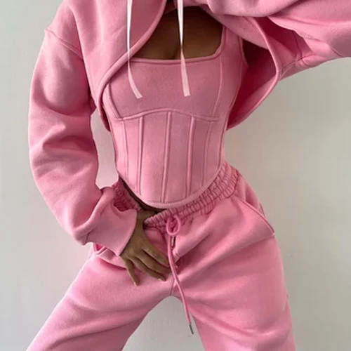 Weird Puss Sporty Casual Nữ Phù Hợp Với Áo Bộ 3 Món Co Giãn Có Mũ Áo Crop Top + Áo Vest + Quần Harlan Phối Ôm Dạo Phố trang Phục
