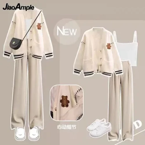 Siwt Aeaf yr Hydref i Ferched 2023 Côt Aberteifi Rhydd wedi'i Gwau + Pants Achlysurol Dau Ddarn Set Baru Siwmper Cain Corea