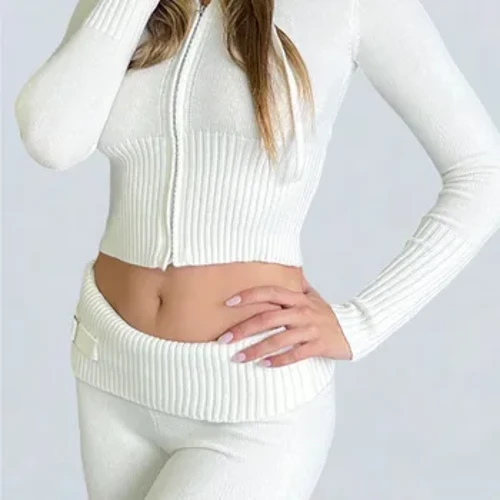 Kvinder efterår vinter strikket 2-delt buksesæt Langærmet lynlås Slim Fit Crop Tops Hættetrøjer Frakke og lange bukser Træningsdragter