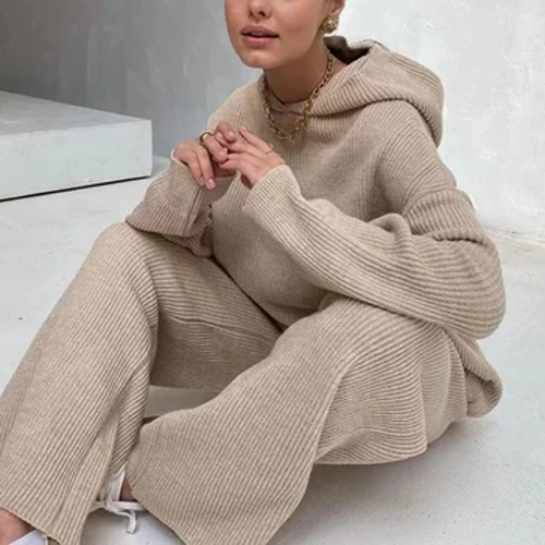 2023 Nye strikkede sveddragter matchende træningsdragtsæt Hættetrøjer og bukser med brede ben Loungewear Sweatersæt Todelt outfits