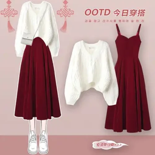 Toamnă/Iarnă Nou coreeană, elegantă, tricotată, în două piese, rochie de pulover, set asortat, set de fuste șic pulover pentru femei