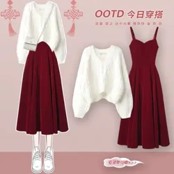 Outono/inverno novo coreano elegante duas peças vestido de camisola de malha conjunto de correspondência chique pulôver saia conjunto feminino