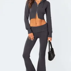 Knit Rib High Waist Flares Crop Top with Zip Up Pants Two Piece Set Trousers Tracksuit Loungewear Y2k Style Cute Hoodie Outfits