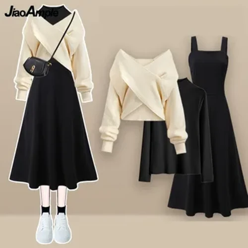 2023 Sonbahar/Kış Yeni Koreli Elegant Set Set Kadın Moda Çapraz Örgü Sweater+Alt Gömlek+Kayış Elbise Üç Parça Takım