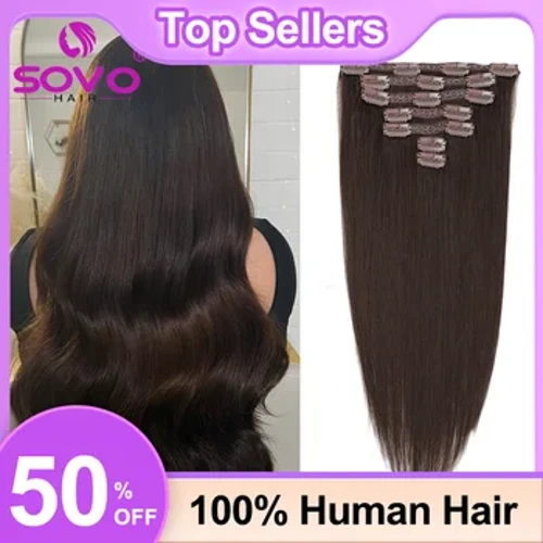 100-200Grams Clip In Hoer Extension 100% Remy Mënsch Hoer Däischter Braun Clip-On Hoer Stéck Voll Kapp 14-28 Zoll Fir Salon Versuergung