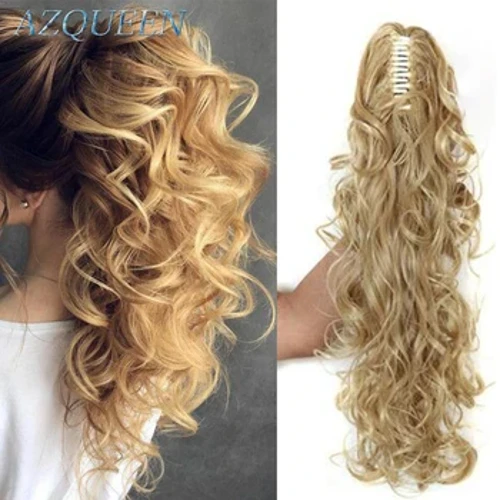 AZQUEEN Syntetisk 20 tommer Fiber Claw Clip Bølget hestehale Extension Clip-In hårparyk til kvinder