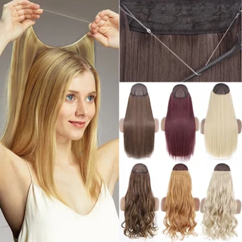 Merisihair sintético sem clipe extensões de cabelo de fio invisível em linha reta preto loiro uma peça falsa extensão de cabelo