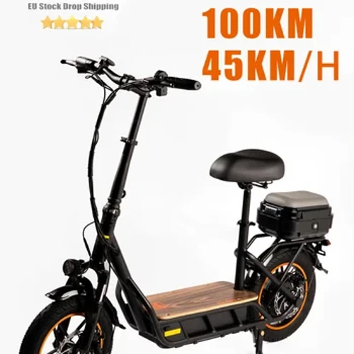 Stoc UE ​​48V 25Ah Batri Mawr 14 modfedd Teiars Braster Sgwter Trydan Plygadwy gyda Sedd Uchafswm Ystod 100km Cyflymder Uchaf 45KM/H Uchafbwynt 800W