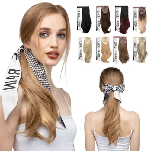 Clip ondulé synthétique de qualité supérieure en queue de cheval avec bandeau Extension de cheveux faux postiche Blonde enveloppant autour de la queue de cheval lisse