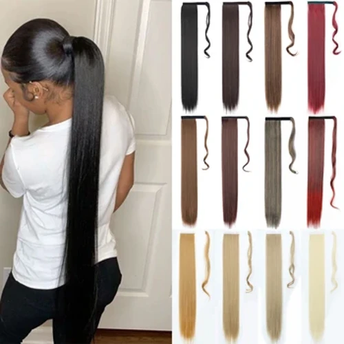LISI GIRL Păr sintetic 22''34'' Coada de cal, lungă, dreaptă, înfășurată în jurul cozii de cal, Extensii de păr cu agrafă, Piesă neagră pentru cap
