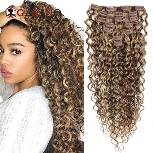 Water Wave Clip In Hair Extensions Real Human Hair 7Pcs/Set Chestnut and Bronz Blonde Highlights Curly Clip On Hair Extensions