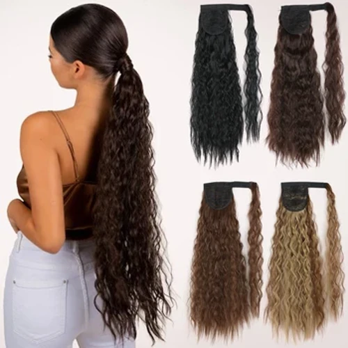 Porumb lung sintetic ondulat coadă de cal Wrap pe Clip de păr Extensii de păr blond maro umbrit Coada de cal
