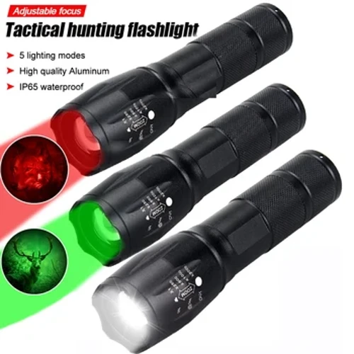 Taktik Yeşil/Kırmızı/Beyaz Işık LED Avcılık El Feneri Zumlanabilir Torch Su Geçirmez Açık Kamp Balıkçılık Lambası