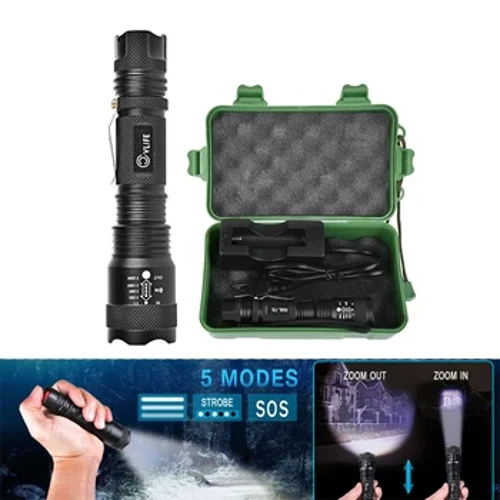 EZshoot Super Bright Long Range Powerful LED Flashlight With Protective Case And Battery Rechargeable orch Light High Zoomable
