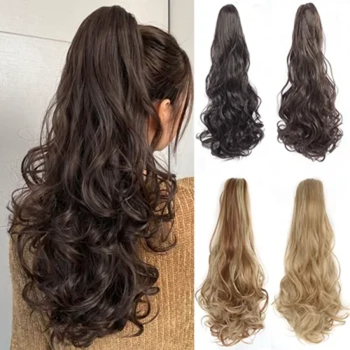 Extensie coadă de cal Clip cu gheare în păr Asia 22" Perucă ondulată coadă de cal ondulată Păr sintetic fals Blond Bucăți de păr pentru femei Utilizare zilnică