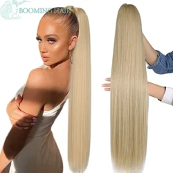Longo rabo de cavalo reto sintético 32 Polegada cordão pônei fibra resistente ao calor clip-in extensão do cabelo para mulher natural olhando