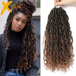 Kepang Crochet Sintetis Rambut Gairah Twist River Dewi Mengepang Rambut Ekstensi Ombre Coklat Faux Locs dengan Rambut Keriting X-TRESS