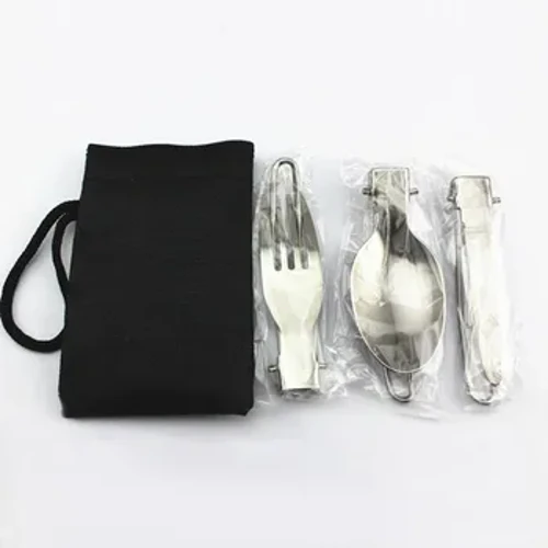 Isetha Isitsha Sempahla Yangaphandle Setha Isisetshenziswa Se-Camping Cutlery Setha Ukugoqa I-Silver Spoon Fork Stainless Steel WIth Bag