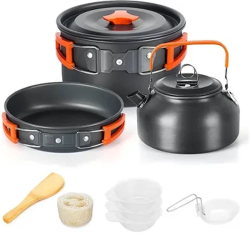 Aliuminio lauko stovyklavimo indų rinkinys su tinkliniu maišeliu, sulankstoma Cookset Camping virtuvės arbatinuko ir keptuvių įranga