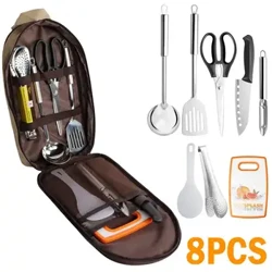 8 Pcs/Set Outdoor Camping Kachgeschir Set mat Messer Geschir Läffel Portable Picknick Kichegeschir Servisser Späicher Handtasche