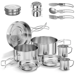 I-Camping Cookware Setha Imbiza Yensimbi Engenasici Yekamu Eyisiliva Ephathwayo Isethi Yethebula Langaphandle Eligoqekayo Futhi Isethi Yebhodwe Estackable