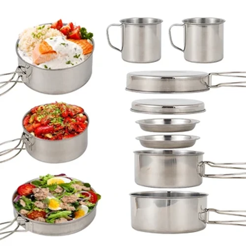 8 Pcs Cookware Set Stainless Steel Peralatan Masak Kit Memasak Pot dan Pan Set dengan Piring Cangkir untuk Outdoor Camping Backpacking