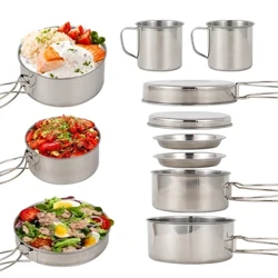 8pcs Cookware Set Hindi kinakalawang na asero Cookware Kit Cooking Pot at Pan Set na may mga Plato Mga tasa para sa Outdoor Camping Backpacking